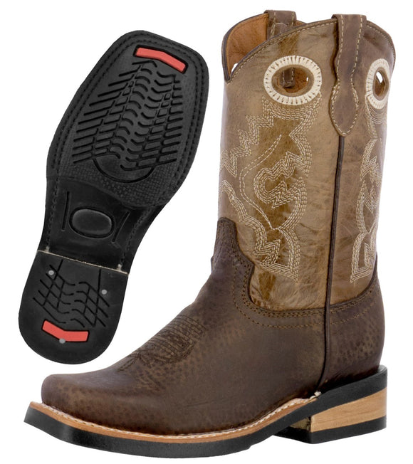 Kids Unisex Grain Leather Western Wear Boots Dark Brown Square Toe Botas