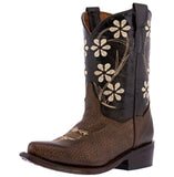 Kids FLR9 Dark Brown Western Cowboy Boots Floral Leather - Snip Toe