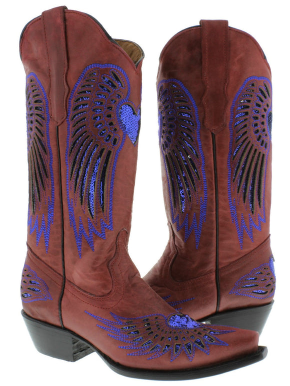 Womens Red Cowboy Boots Blue Heart & Wings Sequins - Snip Toe