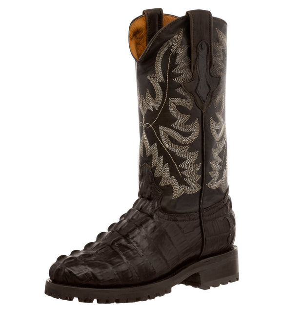 Mens Brown Motorcycle Boots Crocodile Tail Print - Round Toe