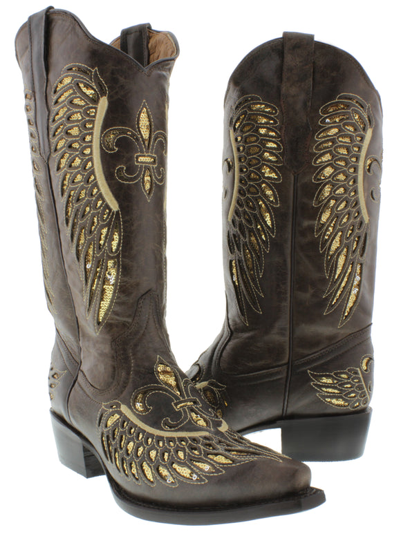 Womens Brown Cowboy Boots Fleur-De-Lis & Wings Gold Sequins - Snip Toe