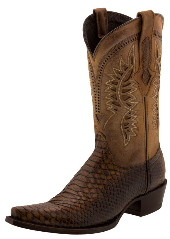 Mens Honey Brown Snake Print Leather Cowboy Boots - Snip Toe