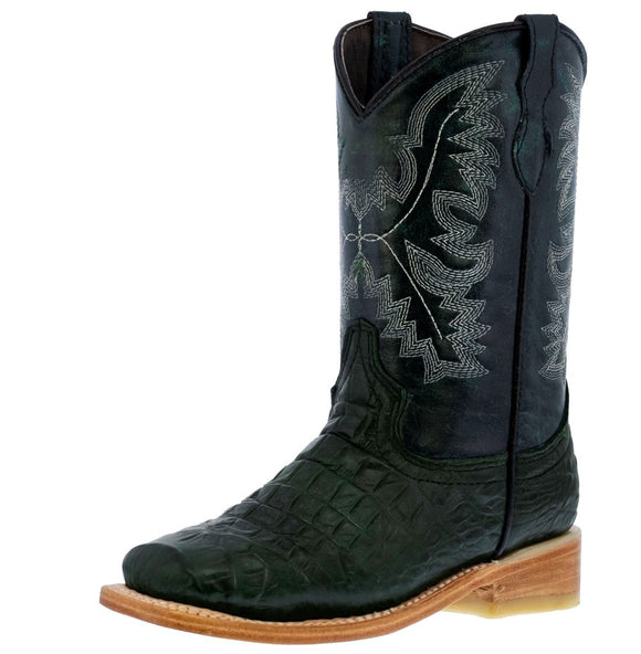 Kids Unisex Western Boots Alligator Pattern Leather Green Square Toe Botas