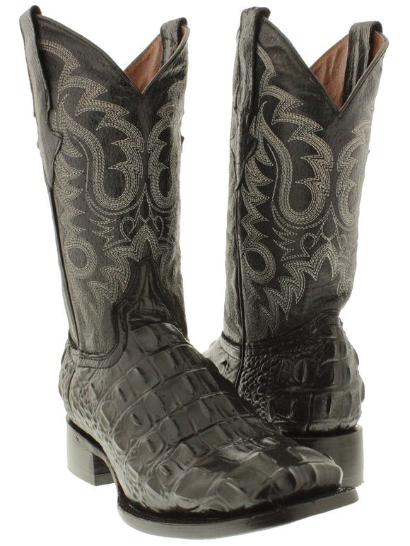 Men's Gray Crocodile Back Cut Print Leather Cowboy Boots Square Toe - TW1