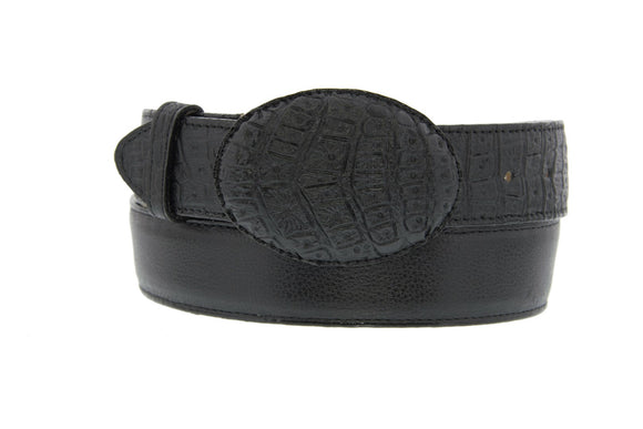 Men's Black Crocodile Belly Overlay Pattern Leather Belt Round Buckle