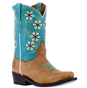 Kids Western Boots Flower Embroidered Distressed Leather Teal Snip Toe Botas