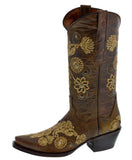 Womens Roma Brown Cowgirl Boots Floral Embroidered - Snip Toe