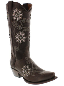 womens brown pink flower inlay rodeo leather wstern cowboy cowgirl boots snip