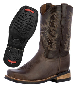 Kids Unisex Genuine Leather Western Wear Boots Dark Brown Square Toe Botas