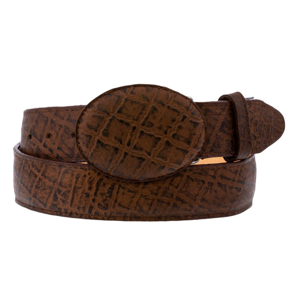 Light Brown Western Cowboy Belt Elephant Print Leather - Round Buckle