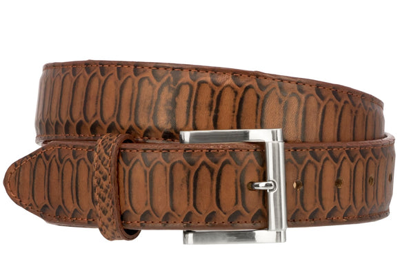 Cognac Western Cowboy Belt Snake Print Leather - Silver Buckle