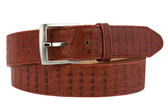 Men's Cognac Crocodile Belly Print Leather Cowboy Belt Silver Buckle