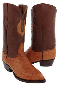 Cognac Leather Western Cowboy Boots Real Ostrich Quill Skin J Toe