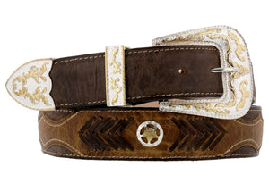 Brown Western Cowboy Leather Belt Ranger Concho Cinto - Silver Buckle
