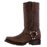 Mens Brown Motorcycle Leather Boots Snake Print Square Toe