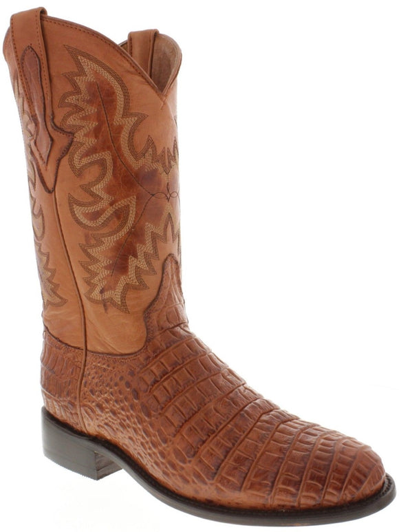 Men's Cognac Crocodile Belly Pattern Leather Cowboy Boots - Roper Toe