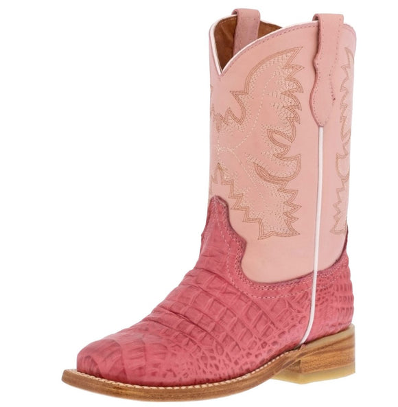 Kids Unisex Western Boots Alligator Belly Pattern Leather Pink Square Toe Botas