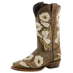 Womens Light Brown Western Boots Sunflower Embroidered Leather - Square Toe
