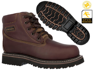 Mens Burgundy Work Boots Leather Slip Resistant Lace Up Soft Toe - #600TR