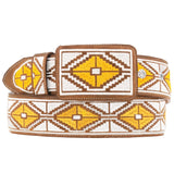 Sand Western Cowboy Belt Embroidered Leather - Rodeo Buckle