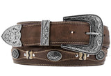 Dark Brown Western Cowboy Leather Belt Navajo Concho - Silver Buckle