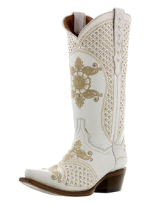 Womens Marfil White Wedding Cowboy Boots Studded - Snip Toe