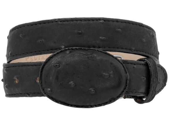 Kids Black Cowboy Belt Ostrich Print Leather - Removable Buckle