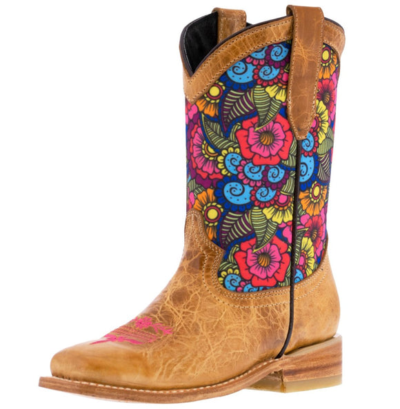 Kids Sand Western Cowboy Boots Paisley Pattern Leather Square Toe