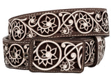 Brown Western Cowboy Leather Belt Floral Overlay - Rodeo Buckle