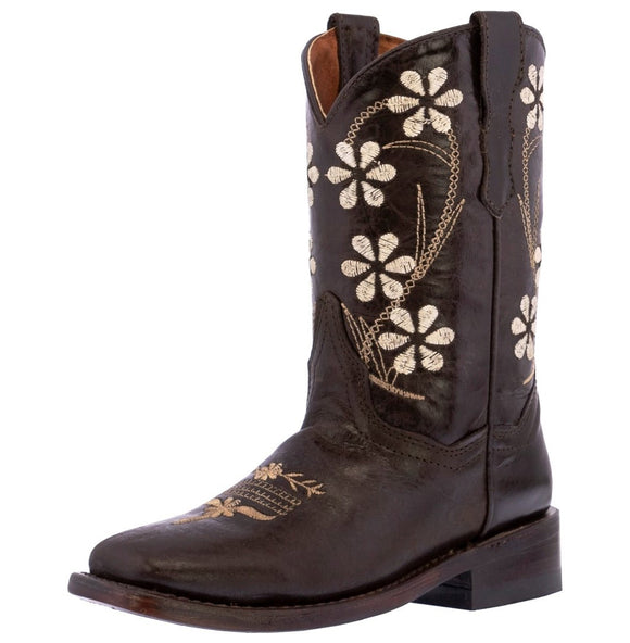 Kids FLWR Dark Brown Western Cowboy Boots Floral Leather - Square Toe