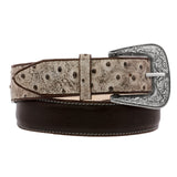 Dark Brown Western Cowboy Belt Ostrich Print Leather - Silver Buckle