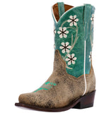 Kids FLR3 Teal Western Cowboy Boots Floral Leather - Snip Toe