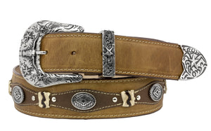 Honey Brown Western Cowboy Leather Belt Navajo Concho - Silver Buckle