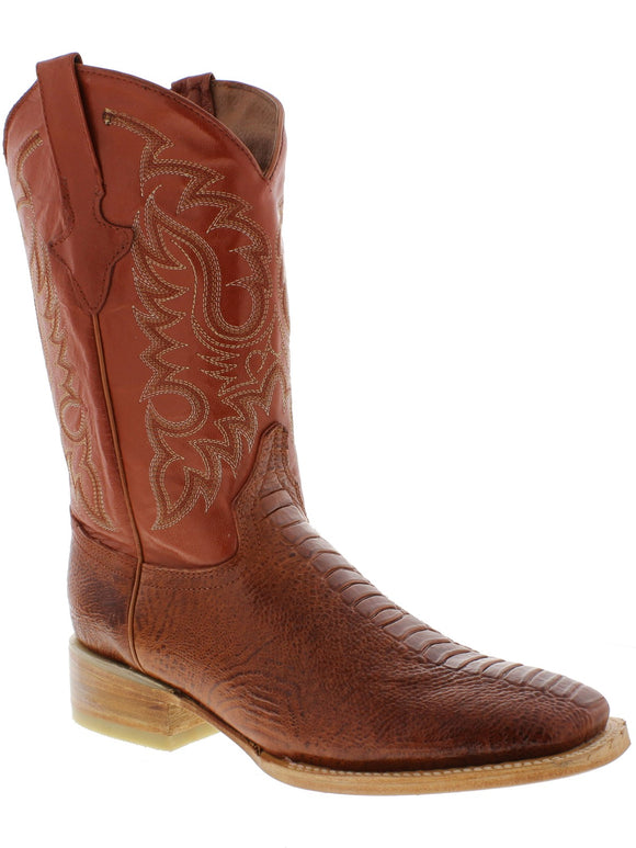 Mens Cognac Ostrich Leg Foot Print Leather Cowboy Boots Square Toe