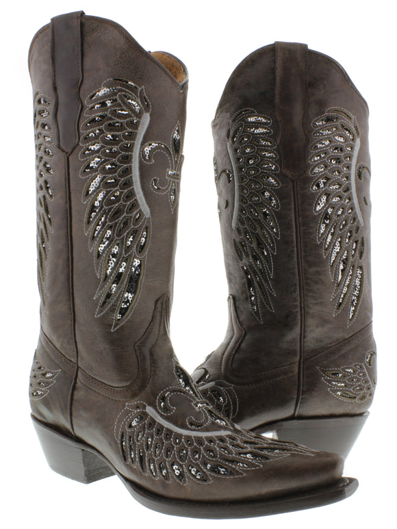 Womens Brown Cowboy Boots Fleur-De-Lis & Wings Silver Sequins - Snip Toe