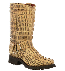 Mens Rustic Sand Motorcycle Boots Crocodile Tail Print - Square Toe