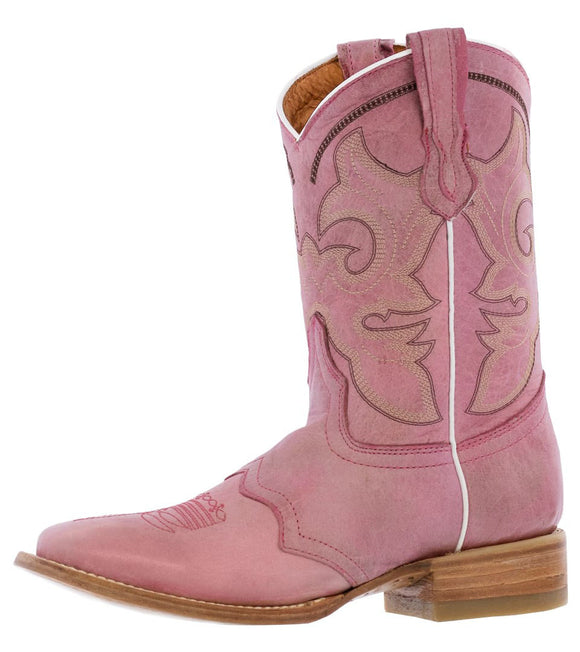 Womens MC560 Pink Stitched Leather Cowboy Boots Square Toe
