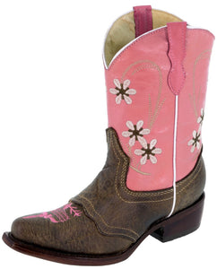 Girls Kids Pink 2 & Brown Floral Embroidered Cowgirl Boots Snip Toe
