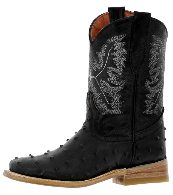 Kids Toddler Black Ostrich Quill Print Cowboy Boots - Square Toe