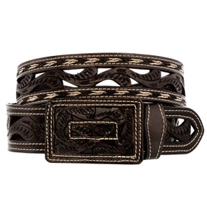 Brown Western Cowboy Belt Braided Tooled Leather - Rodeo Buckle