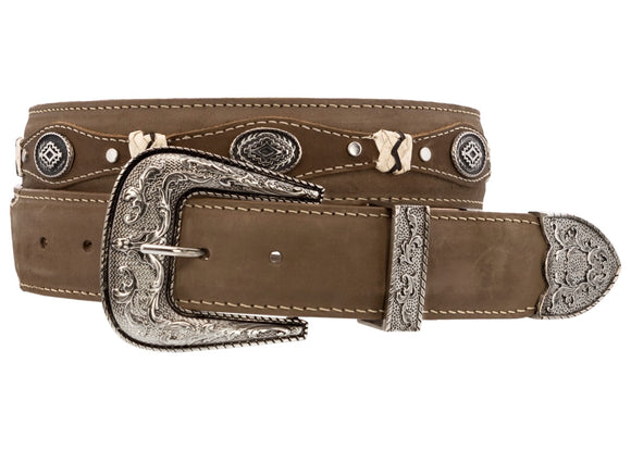 Brown Western Cowboy Leather Belt Navajo Concho - Silver Buckle