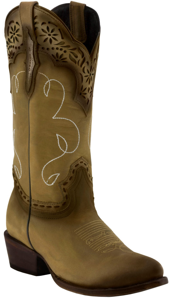 Women's Light Brown Cowboy Boots Real Leather Round Toe Floral Overlay