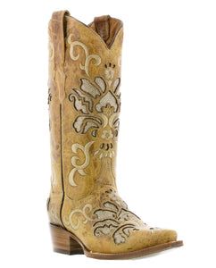 Women's Arabe Sand Inlay Fashion Leather Cowgirl Boots - Snip Toe