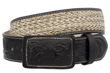 Black Western Cowboy Belt Tooled Braided Leather - Rodeo Buckle