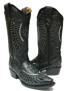 Womens Black Cowboy Boots Fleur-De-Lis & Wings Sequins - Snip Toe