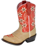 Kids Red & Sand Western Cowboy Boots Floral Leather - Snip Toe