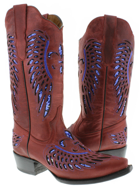 Womens Red Cowboy Boots Fleur-De-Lis & Wings Blue Sequins - Snip Toe