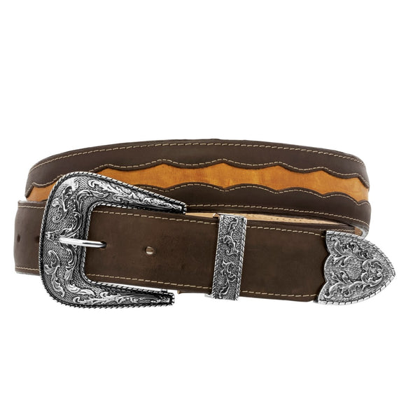 Dark Brown Western Cowboy Belt Overlay Leather - Silver Buckle