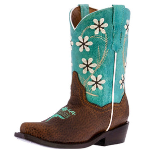 Kids FLR6 Teal Western Cowboy Boots Floral Leather - Snip Toe