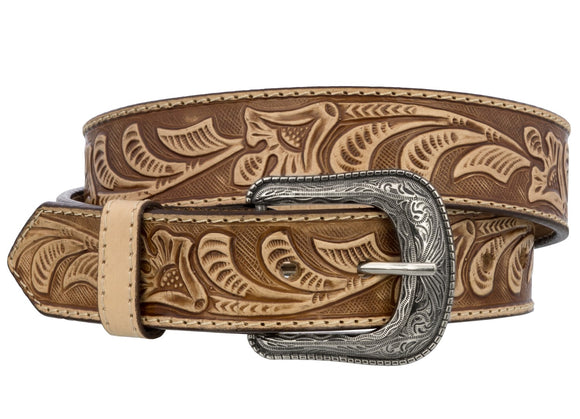 Black Western Cowboy Belt Tooled Leather - Silver Buckle